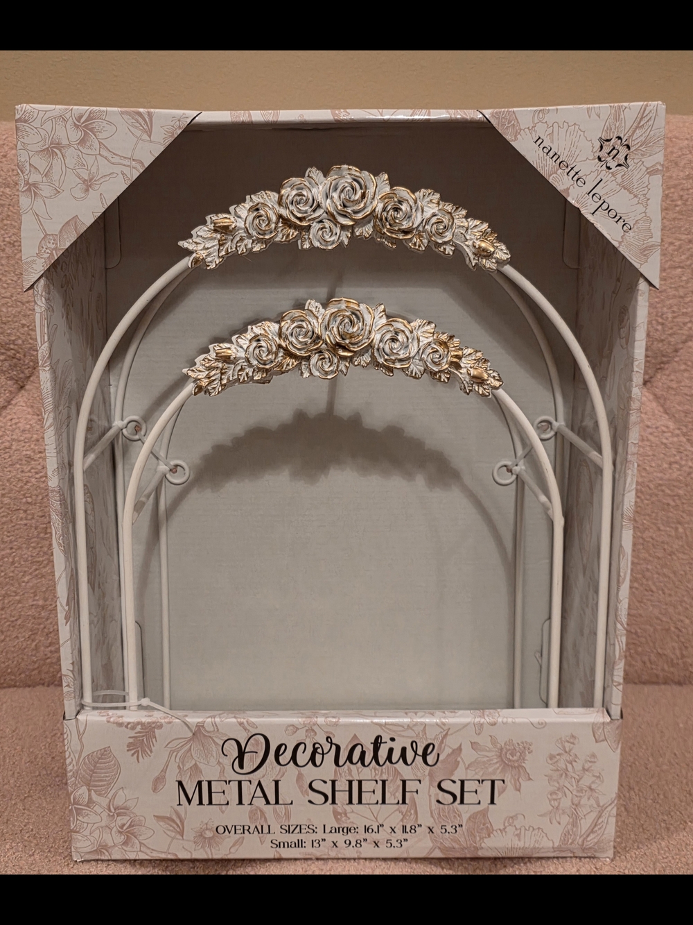 Nanette Lepore White and Gold Floral Arch Metal Shelf Set